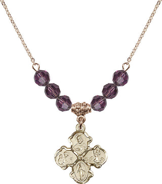 18" Hamilton Gold Plated Necklace with 4mm Amethyst Crystal Beads featuring a 14kt Gold Filled 4-Way Medal.
