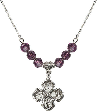 18" Rhodium Plated Necklace with 4mm Amethyst Crystal Beads featuring a Sterling Silver 4-Way Medal.