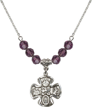 18" Rhodium Plated Necklace with 4mm Amethyst Crystal Beads featuring a Sterling Silver 5-Way Medal.