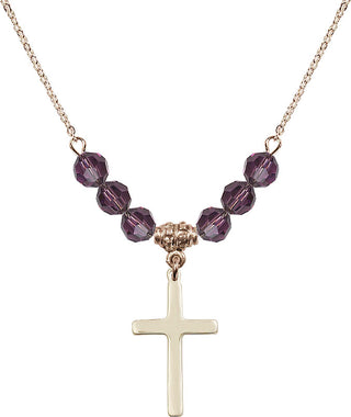 18" Hamilton Gold Plated Necklace with 4mm Amethyst Crystal Beads featuring a 14kt Gold Filled Cross Medal.