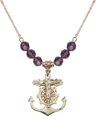 18" Hamilton Gold Plated Necklace with 4mm Amethyst Crystal Beads featuring a 14kt Gold Filled Anchor Crucifix Medal.