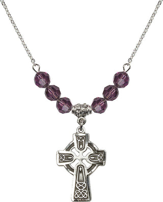 18" Rhodium Plated Necklace with 4mm Amethyst Crystal Beads featuring a Sterling Silver Celtic Cross Medal.