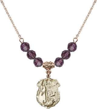 18" Hamilton Gold Plated Necklace with 4mm Amethyst Crystal Beads featuring a 14kt Gold Filled Saint Michael the Archangel Medal. Engraved Catholic Saint Jewelry
