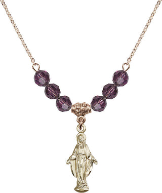 18" Hamilton Gold Plated Necklace with 4mm Amethyst Crystal Beads featuring a 14kt Gold Filled Miraculous Medal.