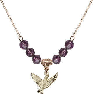 18" Hamilton Gold Plated Necklace with 4mm Amethyst Crystal Beads featuring a 14kt Gold Filled Holy Spirit Medal.