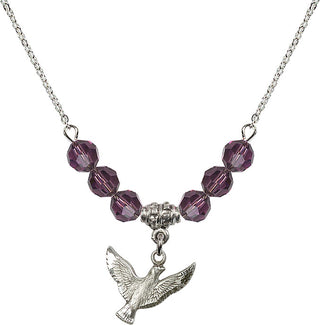 18" Rhodium Plated Necklace with 4mm Amethyst Crystal Beads featuring a Sterling Silver Holy Spirit Medal.