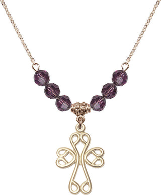 18" Hamilton Gold Plated Necklace with 4mm Amethyst Crystal Beads featuring a 14kt Gold Filled Scroll Cross Medal.