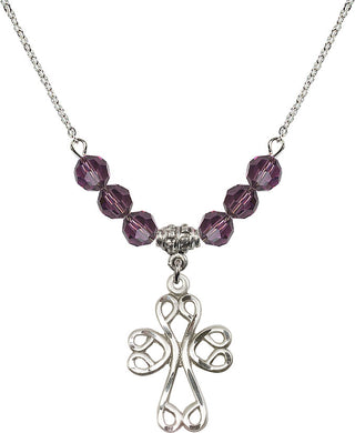 18" Rhodium Plated Necklace with 4mm Amethyst Crystal Beads featuring a Sterling Silver Scroll Cross Medal.