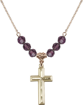 18" Hamilton Gold Plated Necklace with 4mm Amethyst Crystal Beads featuring a 14kt Gold Filled Cross Medal. Engraved Catholic Saint Jewelry