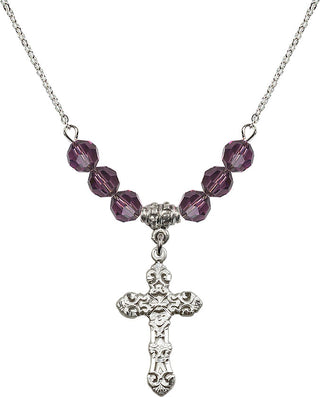 18" Rhodium Plated Necklace with 4mm Amethyst Crystal Beads featuring a Sterling Silver Cross Medal. Engraved Catholic Saint Jewelry