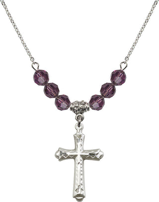 18" Rhodium Plated Necklace with 4mm Amethyst Crystal Beads featuring a Sterling Silver Cross Medal. Engraved Catholic Saint Jewelry