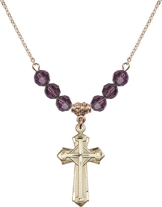 18" Hamilton Gold Plated Necklace with 4mm Amethyst Crystal Beads featuring a 14kt Gold Filled Cross Medal. Engraved Catholic Saint Jewelry