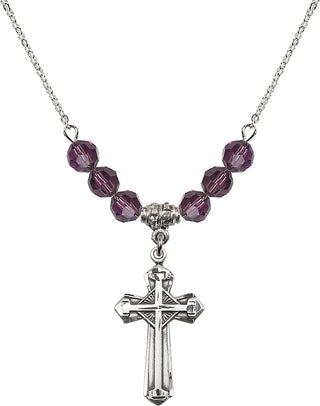 18" Rhodium Plated Necklace with 4mm Amethyst Crystal Beads featuring a Sterling Silver Cross Medal. Engraved Catholic Saint Jewelry
