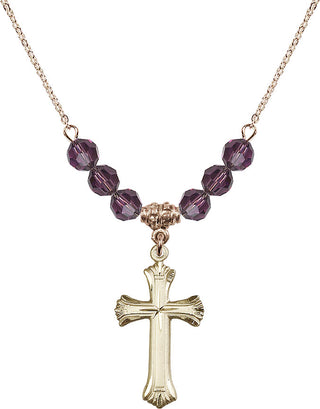 18" Hamilton Gold Plated Necklace with 4mm Amethyst Crystal Beads featuring a 14kt Gold Filled Cross Medal. Engraved Catholic Saint Jewelry