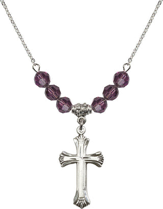18" Rhodium Plated Necklace with 4mm Amethyst Crystal Beads featuring a Sterling Silver Cross Medal. Engraved Catholic Saint Jewelry