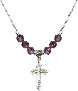 18" Rhodium Plated Necklace with 4mm Amethyst Crystal Beads featuring a Sterling Silver Cross on Cross Medal. Engraved Catholic Saint Jewelry
