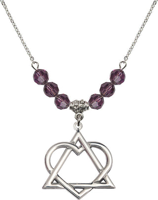 18" Rhodium Plated Necklace with 4mm Amethyst Crystal Beads featuring a Sterling Silver Adoption Heart Medal.