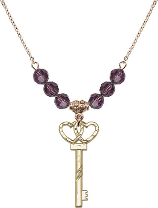 18" Hamilton Gold Plated Necklace with 4mm Amethyst Crystal Beads featuring a 14kt Gold Filled Small Key w/Double Hearts Medal.