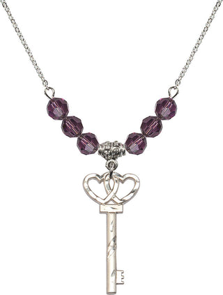 18" Rhodium Plated Necklace with 4mm Amethyst Crystal Beads featuring a Sterling Silver Small Key w/Double Hearts Medal.