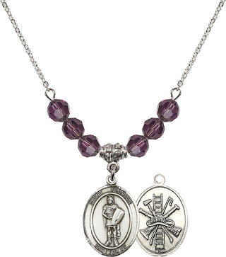 18" Rhodium Plated Necklace with 4mm Amethyst Crystal Beads featuring a Sterling Silver Saint Florian/Firefighter Medal.