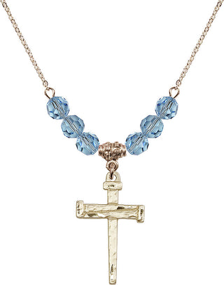 18" Hamilton Gold Plated Necklace with 4mm Aqua Crystal Beads featuring a 14kt Gold Filled Nail Cross Medal.