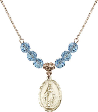 18" Hamilton Gold Plated Necklace with 4mm Aqua Crystal Beads featuring a 14kt Gold Filled Miraculous Medal.
