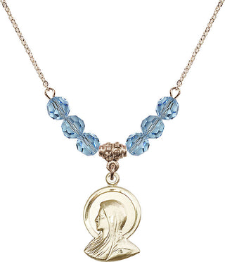18" Hamilton Gold Plated Necklace with 4mm Aqua Crystal Beads featuring a 14kt Gold Filled Madonna Medal.