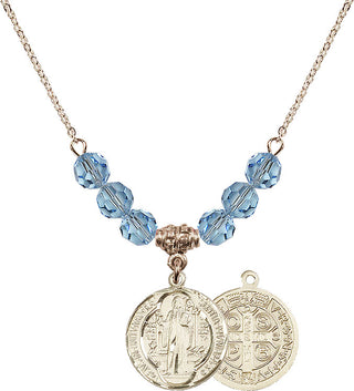 18" Hamilton Gold Plated Necklace with 4mm Aqua Crystal Beads featuring a 14kt Gold Filled Saint Benedict Medal.