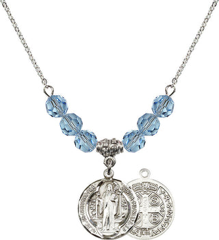 18" Rhodium Plated Necklace with 4mm Aqua Crystal Beads featuring a Sterling Silver Saint Benedict Medal.