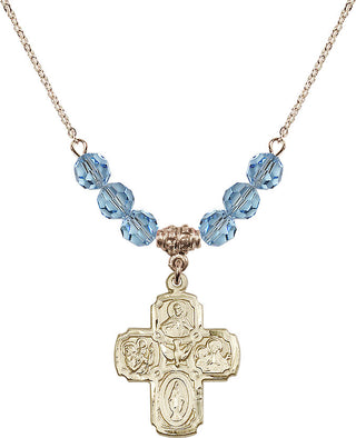 18" Hamilton Gold Plated Necklace with 4mm Aqua Crystal Beads featuring a 14kt Gold Filled 5-Way Medal.