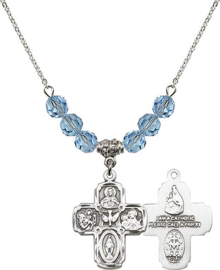 18" Rhodium Plated Necklace with 4mm Aqua Crystal Beads featuring a Sterling Silver 5-Way Medal.