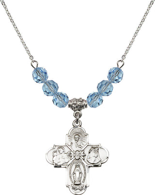18" Rhodium Plated Necklace with 4mm Aqua Crystal Beads featuring a Sterling Silver 4-Way Medal.