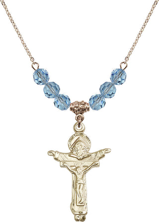 18" Hamilton Gold Plated Necklace with 4mm Aqua Crystal Beads featuring a 14kt Gold Filled Trinity Crucifix Medal.