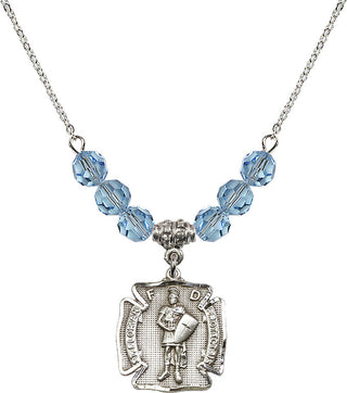 18" Rhodium Plated Necklace with 4mm Aqua Crystal Beads featuring a Sterling Silver Saint Florian Medal. Engraved Catholic Saint Jewelry