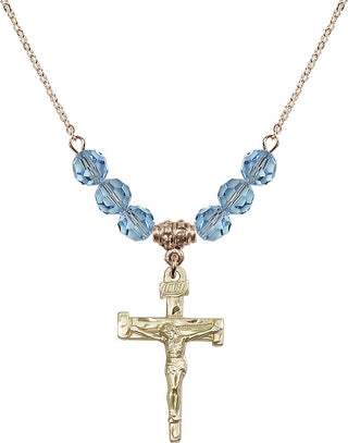 18" Hamilton Gold Plated Necklace with 4mm Aqua Crystal Beads featuring a 14kt Gold Filled Nail Crucifix Medal.