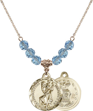 18" Hamilton Gold Plated Necklace with 4mm Aqua Crystal Beads featuring a 14kt Gold Filled Saint Christopher / Air Force Medal.
