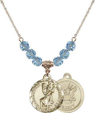 18" Hamilton Gold Plated Necklace with 4mm Aqua Crystal Beads featuring a 14kt Gold Filled Saint Christopher / Navy Medal.