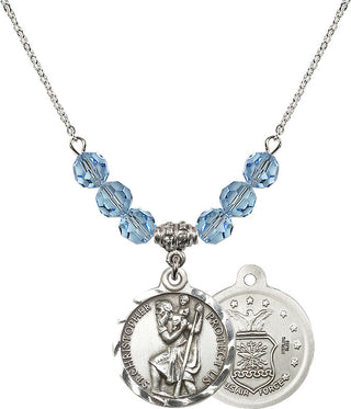 18" Rhodium Plated Necklace with 4mm Aqua Crystal Beads featuring a Sterling Silver Saint Christopher / Air Force Medal.