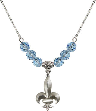 18" Rhodium Plated Necklace with 4mm Aqua Crystal Beads featuring a Sterling Silver Fleur de Lis Medal.