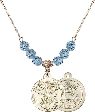 18" Hamilton Gold Plated Necklace with 4mm Aqua Crystal Beads featuring a 14kt Gold Filled Saint Michael / Army Medal.