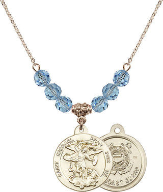 18" Hamilton Gold Plated Necklace with 4mm Aqua Crystal Beads featuring a 14kt Gold Filled Saint Michael / Coast Guard Medal.