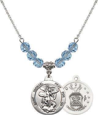18" Rhodium Plated Necklace with 4mm Aqua Crystal Beads featuring a Sterling Silver Saint Michael / Air Force Medal.
