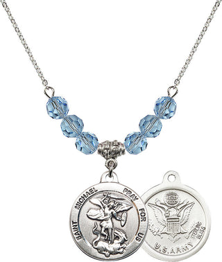 18" Rhodium Plated Necklace with 4mm Aqua Crystal Beads featuring a Sterling Silver Saint Michael / Army Medal.