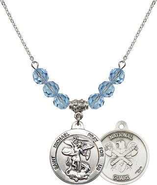 18" Rhodium Plated Necklace with 4mm Aqua Crystal Beads featuring a Sterling Silver Saint Michael / Nat'l Guard Medal.