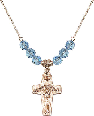 18" Hamilton Gold Plated Necklace with 4mm Aqua Crystal Beads featuring a 14kt Gold Filled Papal Crucifix Medal.