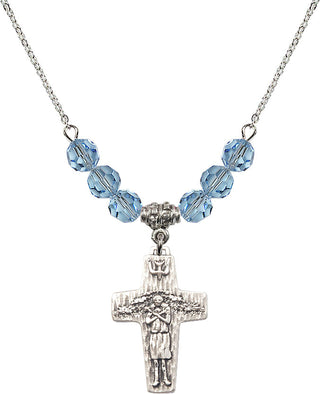 18" Rhodium Plated Necklace with 4mm Aqua Crystal Beads featuring a Sterling Silver Papal Crucifix Medal.