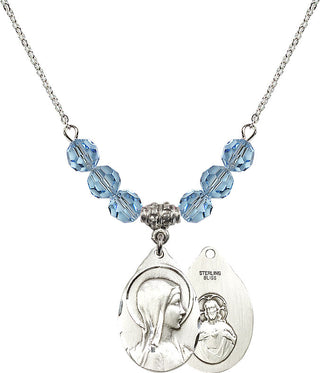 18" Rhodium Plated Necklace with 4mm Aqua Crystal Beads featuring a Sterling Silver Sorrowful Mother Medal.