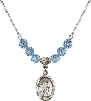 18" Rhodium Plated Necklace with 4mm Aqua Crystal Beads featuring a Sterling Silver Guardian Angel Medal. Engraved Catholic Saint Jewelry
