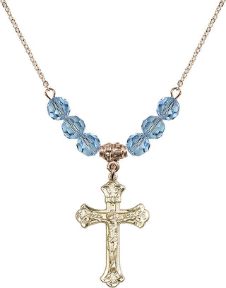 18" Hamilton Gold Plated Necklace with 4mm Aqua Crystal Beads featuring a 14kt Gold Filled Crucifix Medal.