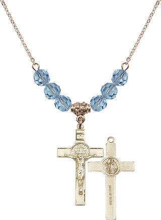 18" Hamilton Gold Plated Necklace with 4mm Aqua Crystal Beads featuring a 14kt Gold Filled Saint Benedict Crucifix Medal.